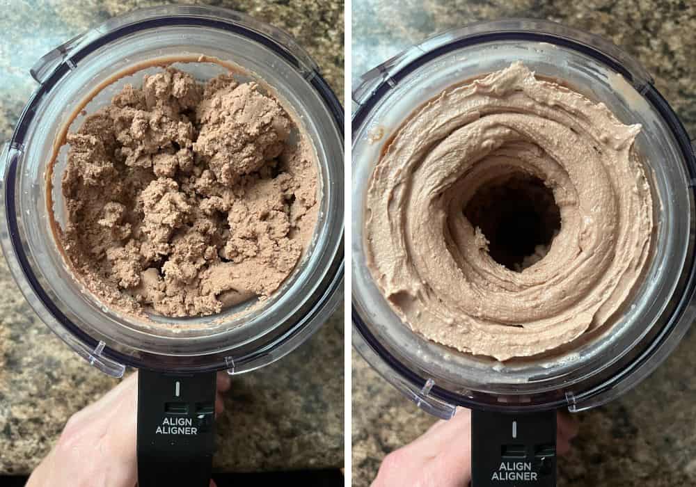 collage of two photos. One shows a crumbly mixture of chocolate ice cream after initial processing. The other shows creamy and smooth chocolate ice cream after re-spinning with milk in the Ninja Creami.