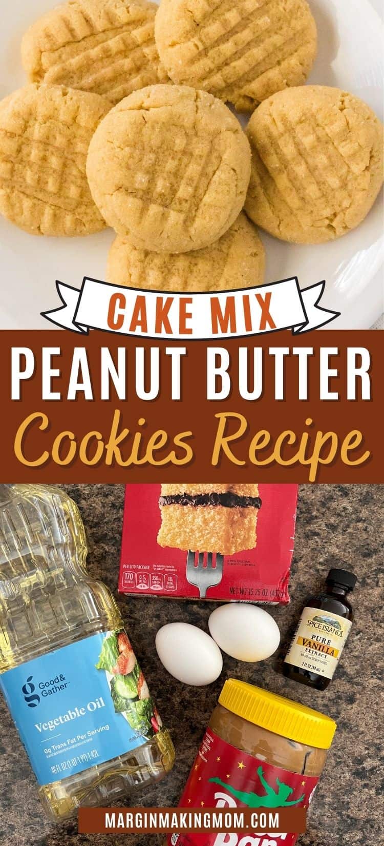 two photos; one shows freshly baked cake mix peanut butter cookies, while the other shows the ingredients for preparing the cookies.