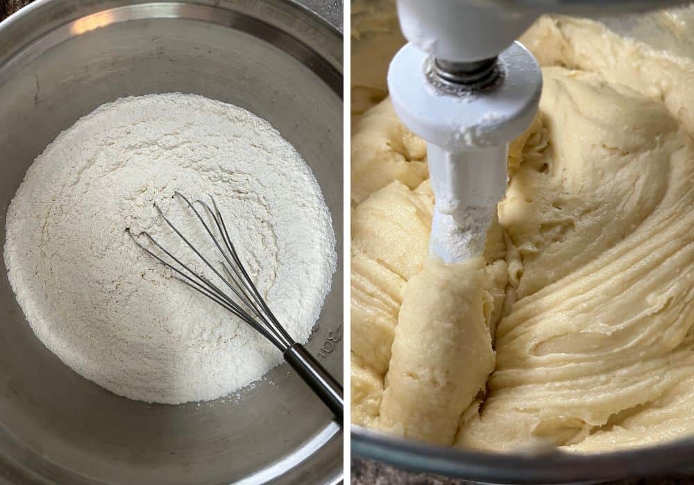 two photos; one shows dry ingredients whisked together in a bowl. the other shows dry ingredients mixed into the cream cheese pound cake batter.
