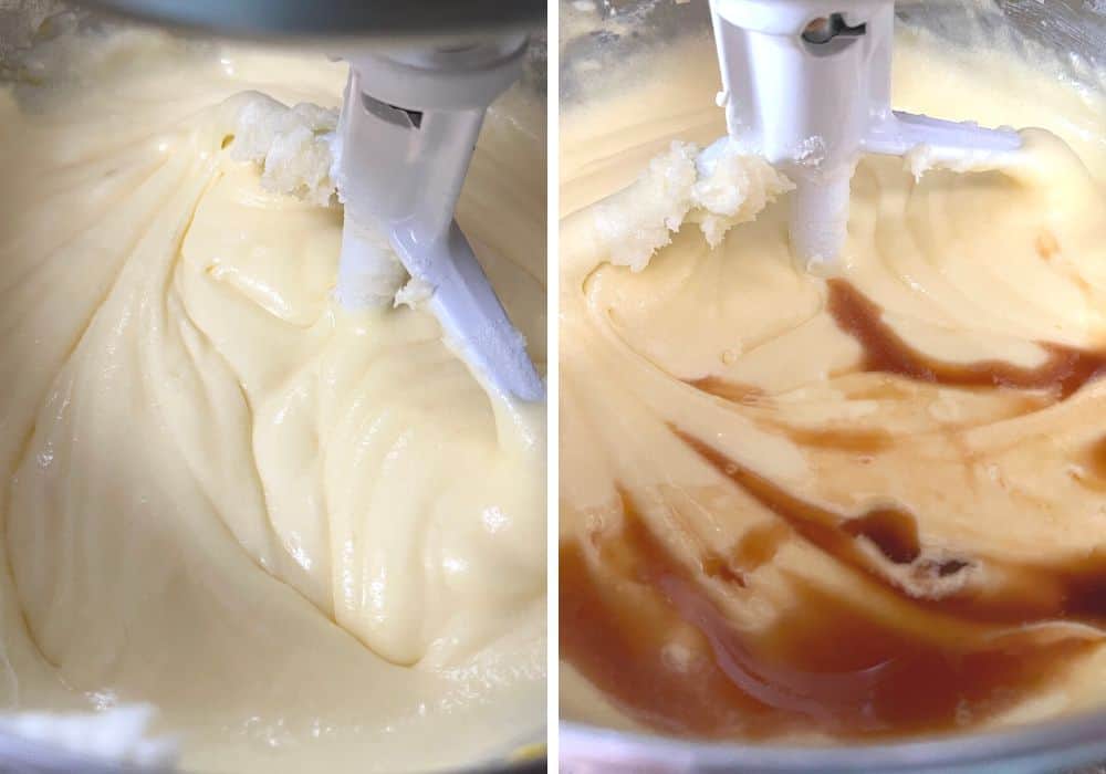 collage of two photos; one shows the eggs added to the batter and the other shows vanilla extract and almond extract added to the pound cake batter.