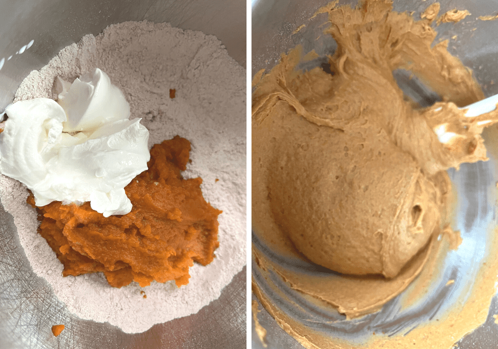 collage photo showing one picture of ingredients in a mixing bowl. The other picture shows ingredients combined into a batter.