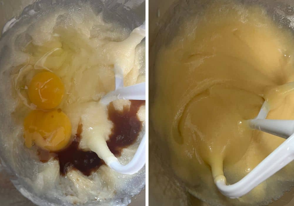 2 photos; one shows eggs and vanilla extract added to batter, the other shows those mixed in