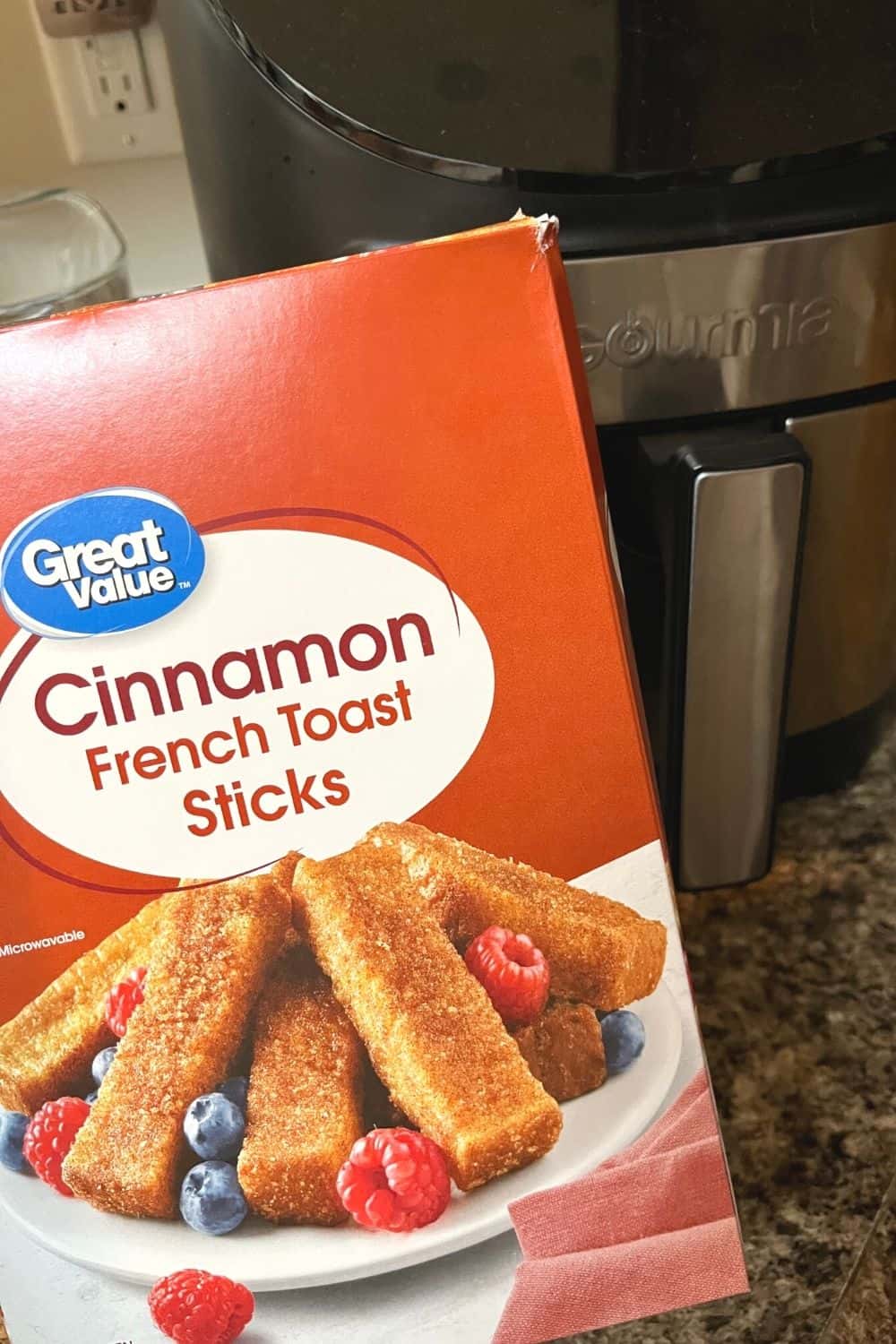 box of great value cinnamon french toast sticks in front of a gourmia air fryer