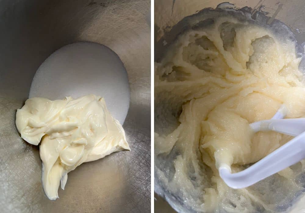 two photos; one shows mayonnaise and sugar in a mixing bowl. The other shows those ingredients mixed together.