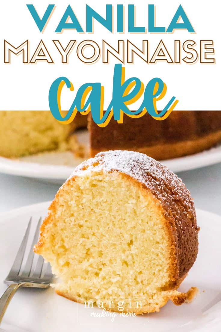 slice of vanilla mayonnaise bundt cake on a white plate with a fork