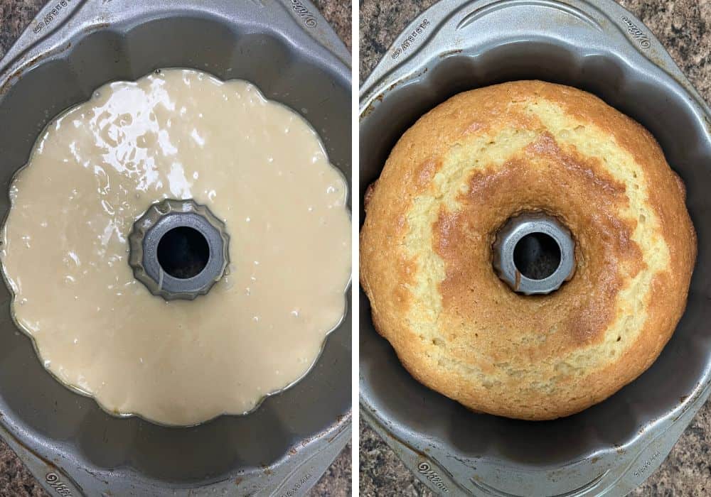 2 photos; one shows batter in prepared bundt pan; the other shows baked mayonnaise bundt cake