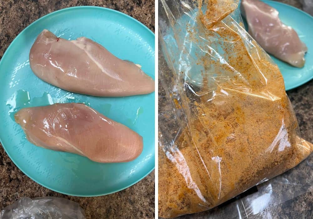 two photos; one shows oiled chicken breasts on a blue plate, the other shows one chicken breast on a plate and one in the bag of shake and bake breadcrumbs