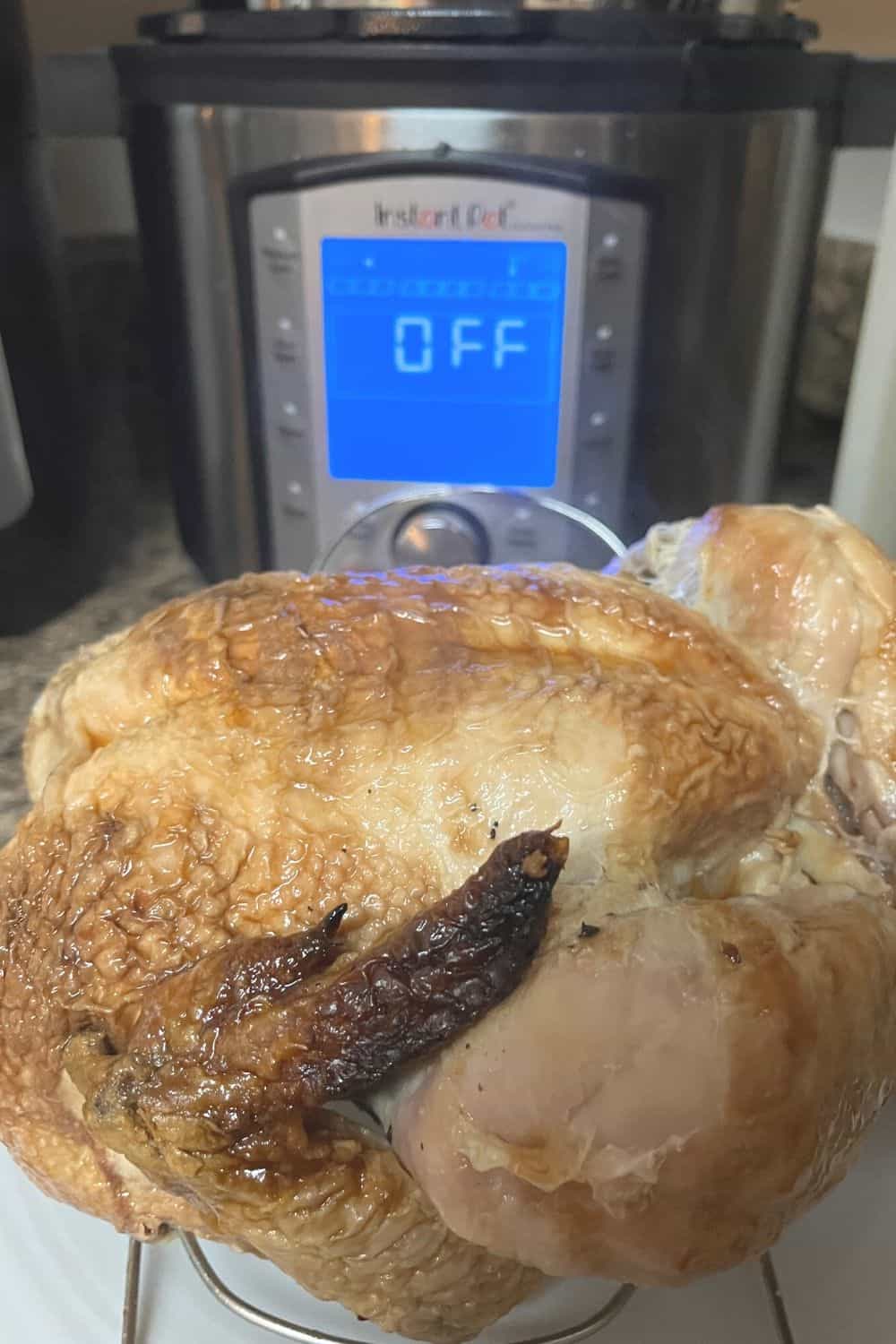 warm, reheated rotisserie chicken in front of an instant pot
