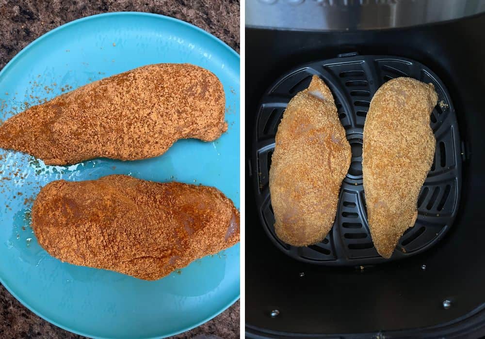 2 photos; one shows shake n bake coated chicken breasts on a blue plate; the other shows them in the basket of an air fryer
