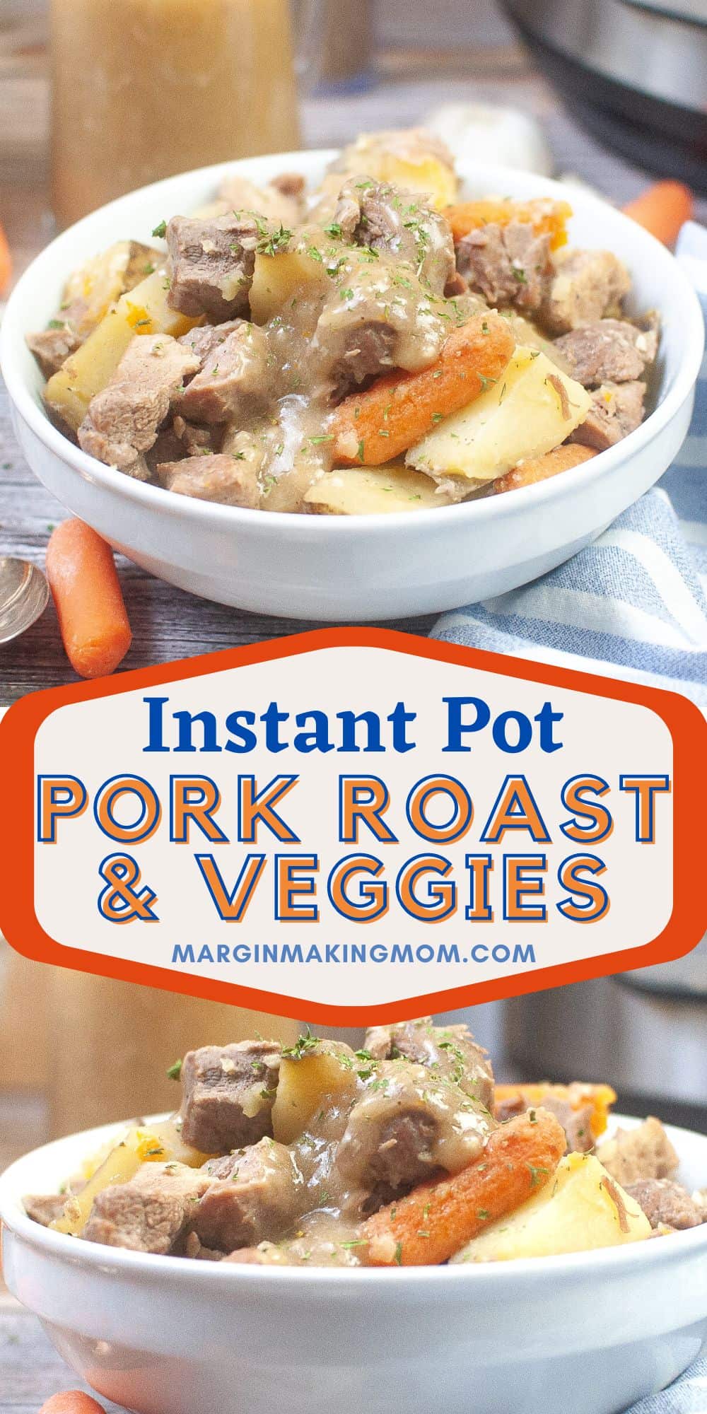 two photos; one shows a side view of Instant Pot pork roast in a white bowl, while the other shows an overhead angle and detailed view of the food