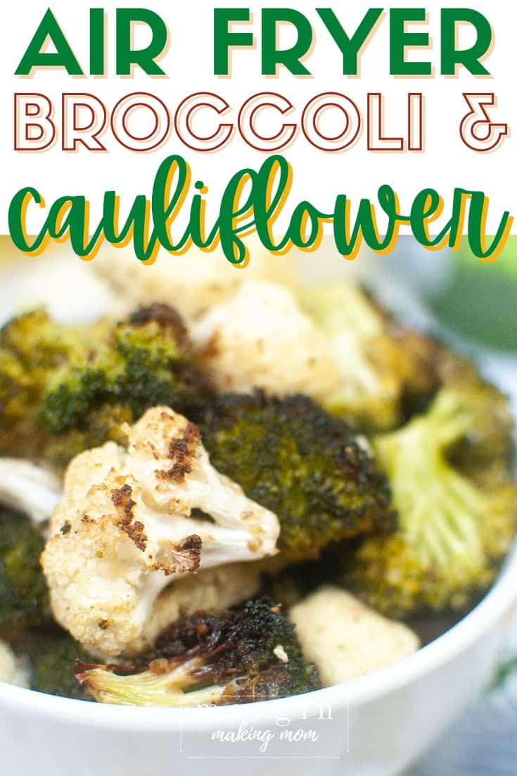 close-up view of air fryer broccoli and cauliflower in a white bowl
