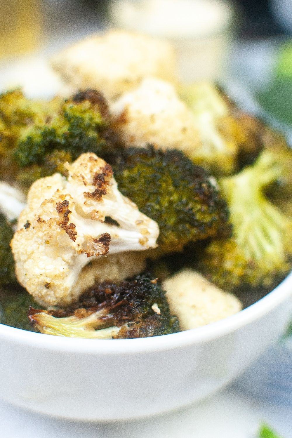 close-up view of cauliflower and broccoli that were cooked in the air fryer