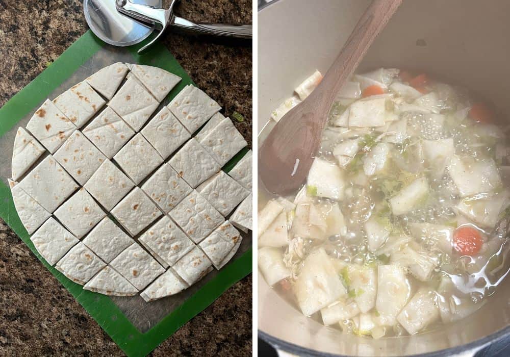 two photos; one shows flour tortillas cut into squares on a cutting board with a pizza cutter. The other shows the tortilla pieces added to the boiling broth mixture in the dutch oven.