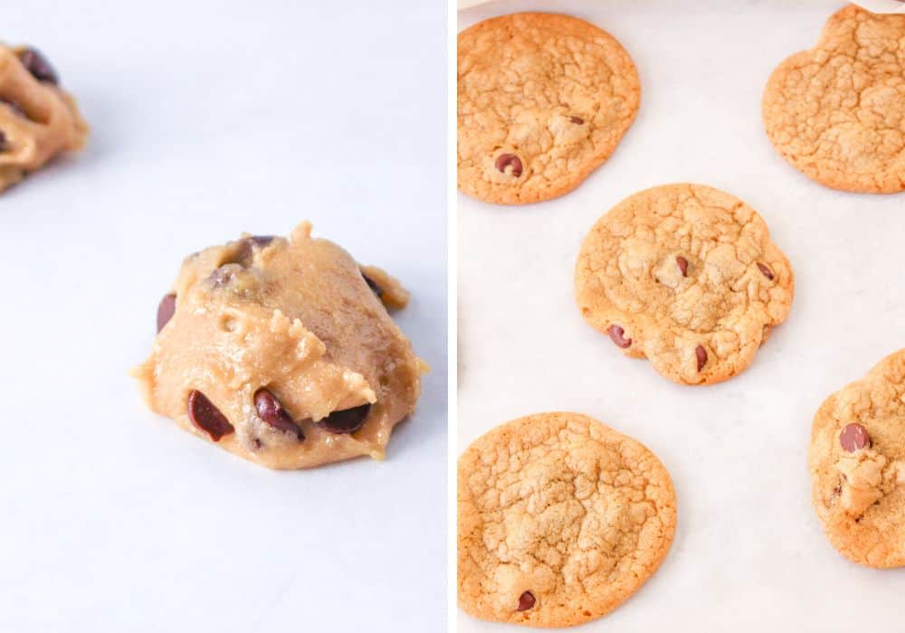 two photos; one shows scoops of cookie dough on prepared baking sheet, the other shows the cookies freshly baked.