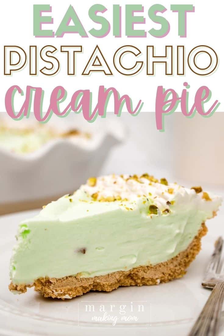 slice of no bake pistachio cream pie served on a white plate