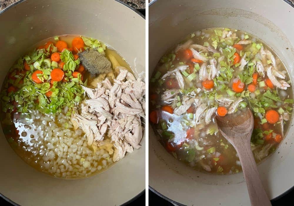 two photos; one shows onions, celery, carrots, chicken, chicken broth, and seasonings in a dutch oven. The other shows a wooden spoon mixing the ingredients together.
