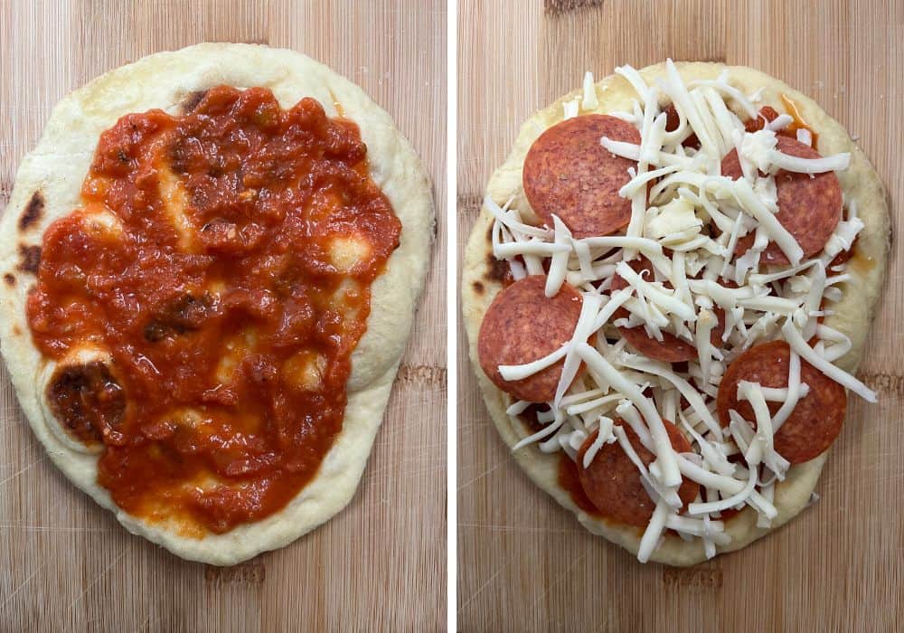 two photos; one shows a piece of naan bread with sauce spread on top, the other shows cheese and pepperoni added over the sauce.