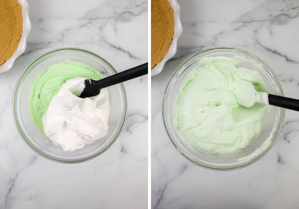 two photos; one shows whipped topping added to pudding mixture; the other shows it all mixed together to create the pistachio pie filling