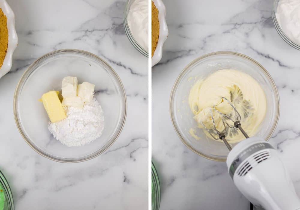 two photos; one shows butter, cream cheese, and powdered sugar in a bowl. The other shows those ingredients mixed together.