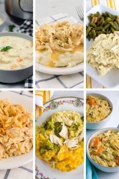 collage of six Instant Pot chicken recipes using cream of chicken soup