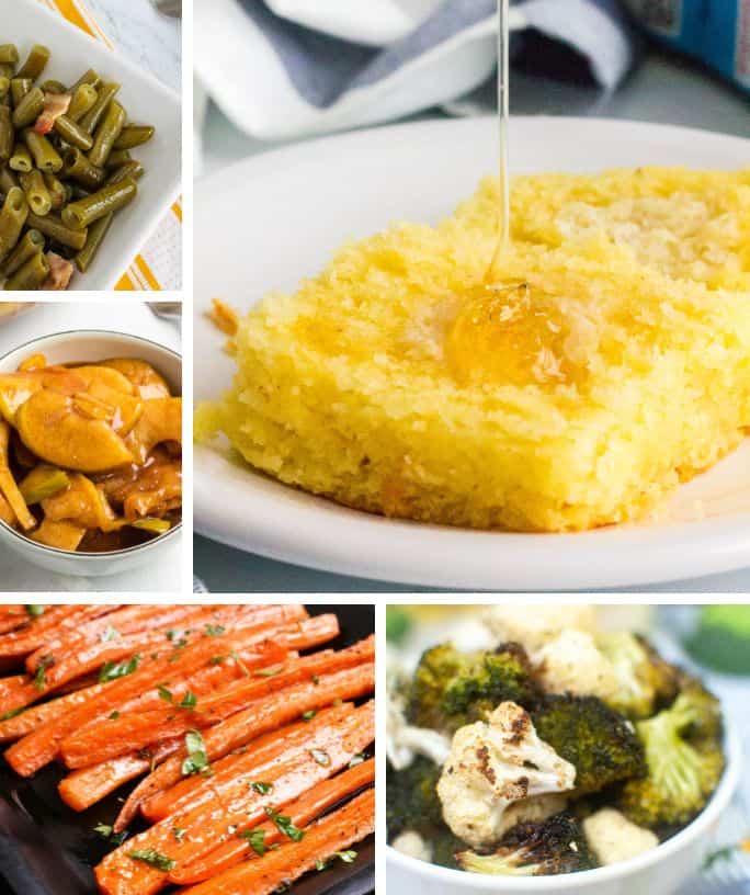collage image featuring five different side dishes for chicken and dumplings