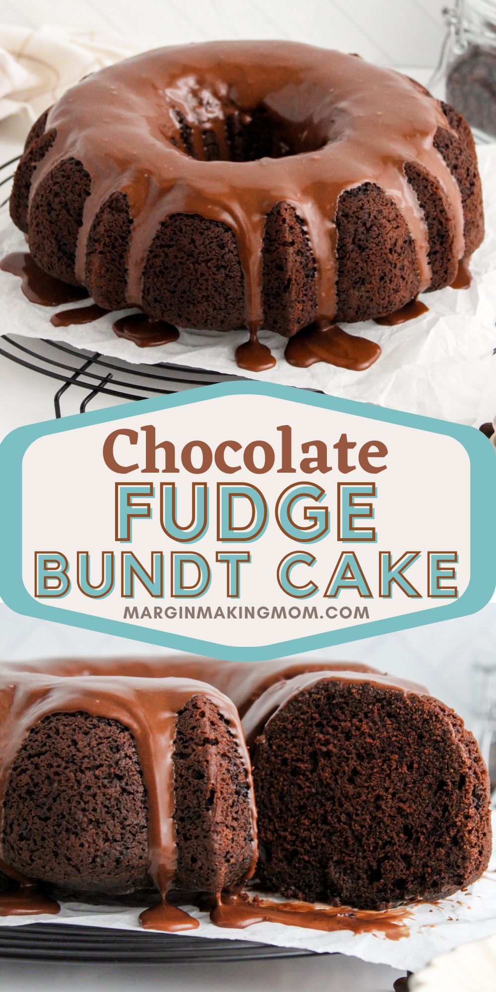 two photos; one shows a chocolate fudge bundt cake with chocolate icing; the other shows a slice cut out from the cake