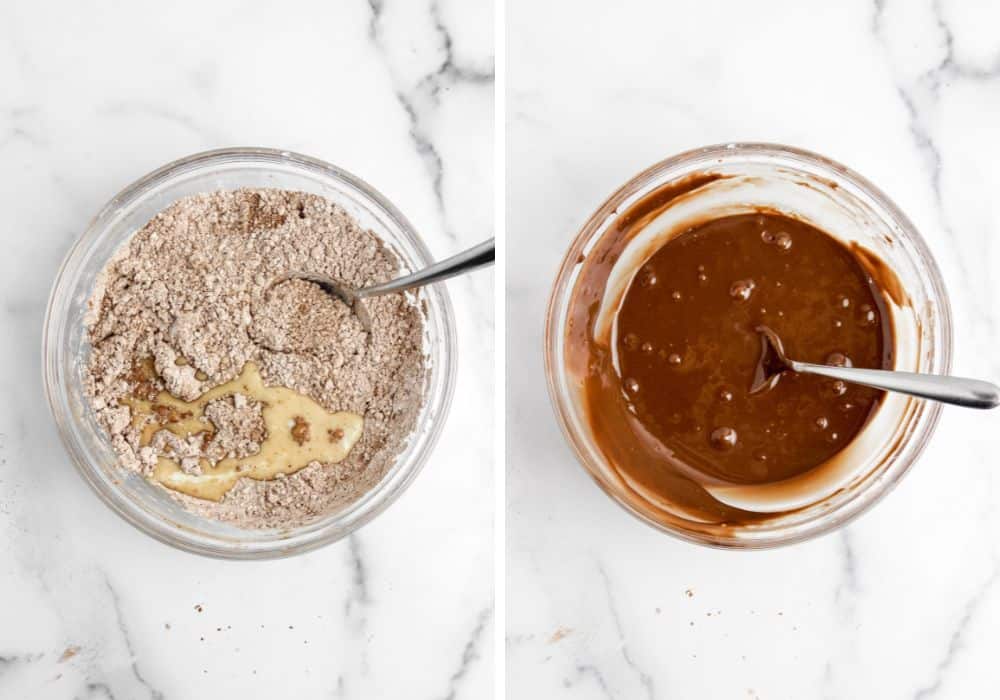 two photos; one shows powdered sugar, cocoa powder, and milk in a bowl; the other shows those ingredients mixed together to create an icing