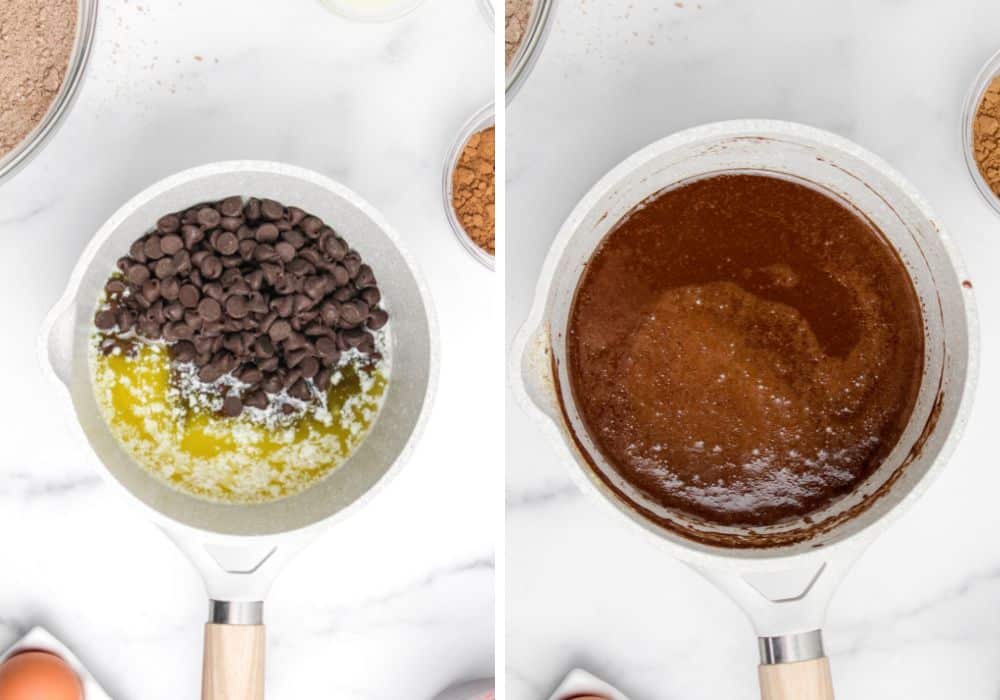 two photos; one shows melted butter and chocolate chips in a saucepan, the other shows those melted and whisked together