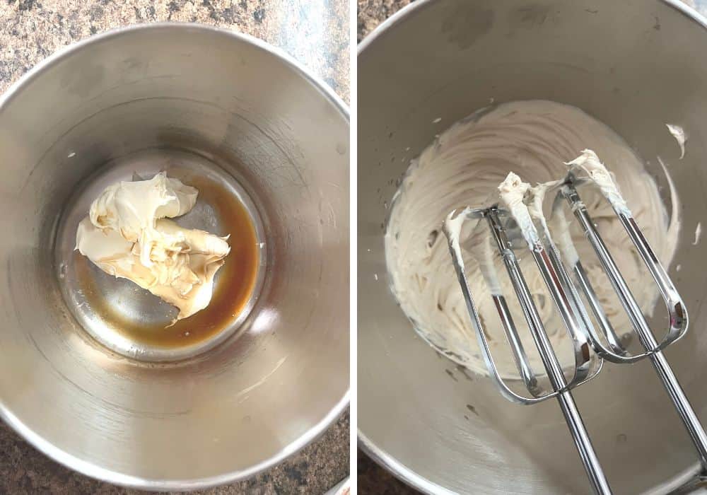 two photos; one shows mascarpone cheese, almond extract, and vanilla extract in a small bowl. the other shows beaters of an electric hand mixer that has mixed those ingredients together
