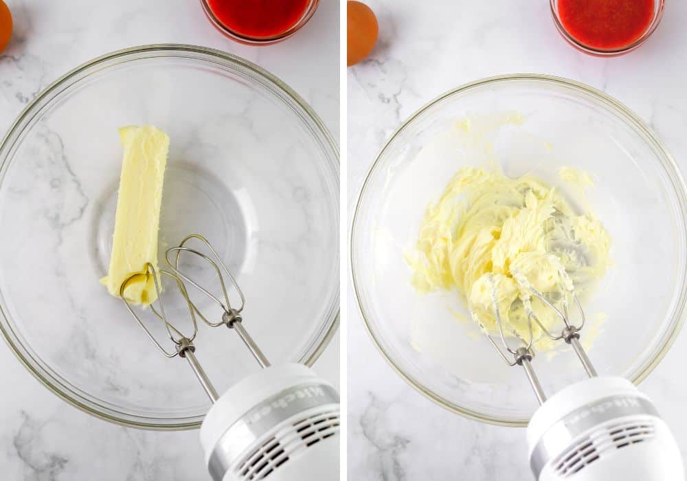 two photos; one shows a stick of butter in a glass bowl with electric mixer, the other shows the butter beaten til creamy