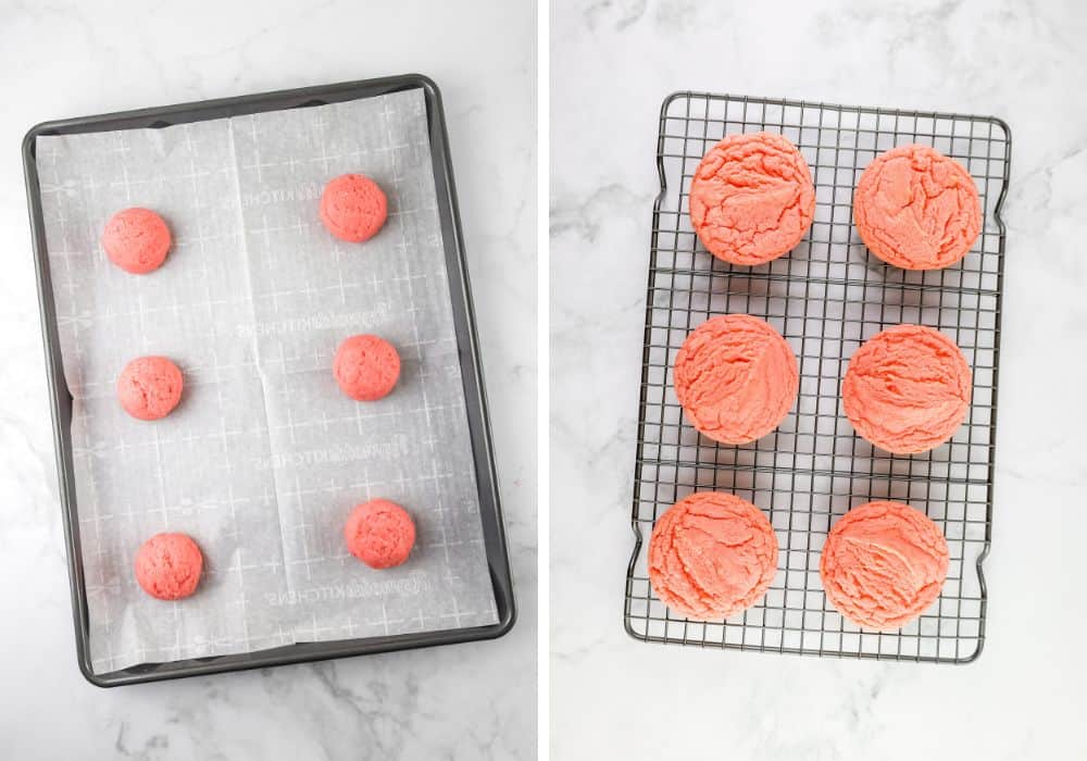 two photos; one shows cookie dough balls on a parchment lined baking sheet, the other shows baked strawberry cookies cooling on a wire rack