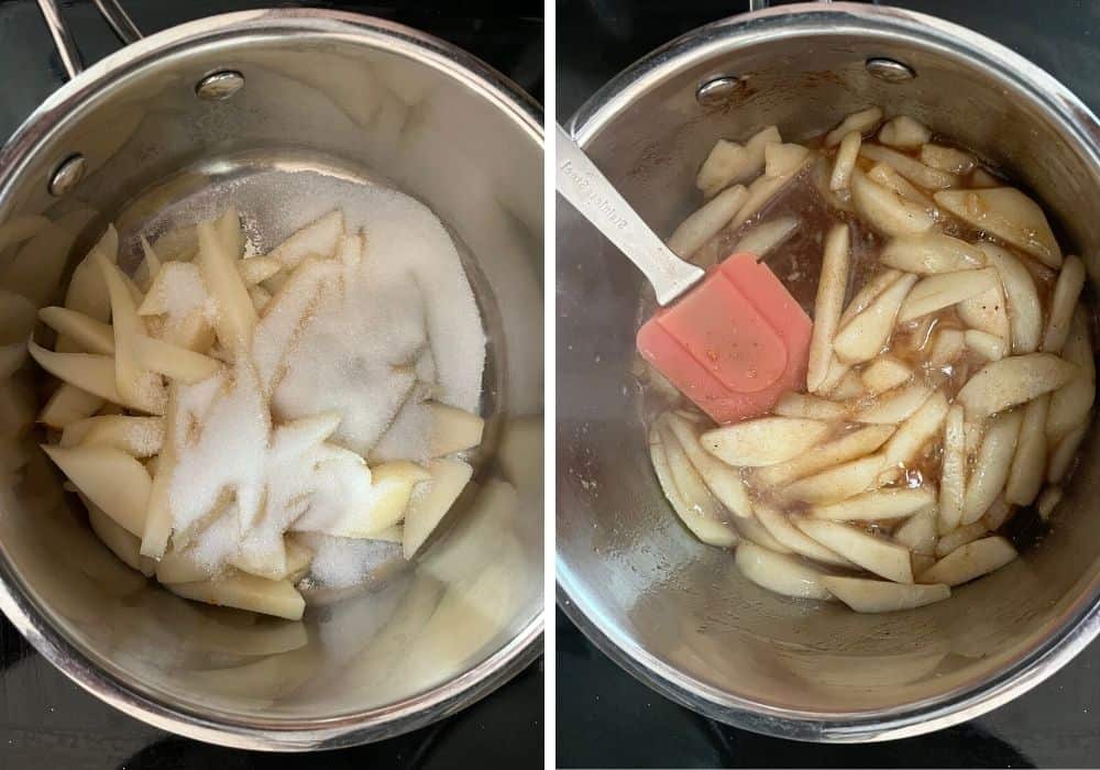 Two photos; one shows pears, sugar, and spices in a saucepan. The other shows a spatula stirring the pears as they cook and the juices thicken.