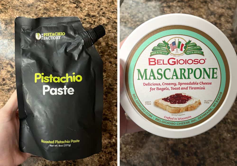 two photos; one of pistachio paste in a pouch, the other is mascarpone cheese package