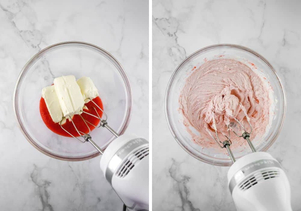 two photos; one shows strawberry puree and cream cheese in a bowl, the other shows those mixed together with electric mixer