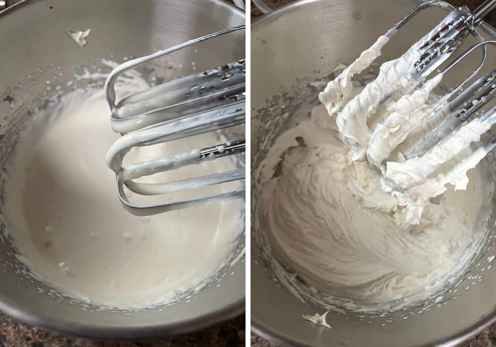 Two photos; one shows heavy cream mixed into frosting ingredients; the other shows the mixture whipped to a frosting consistency.