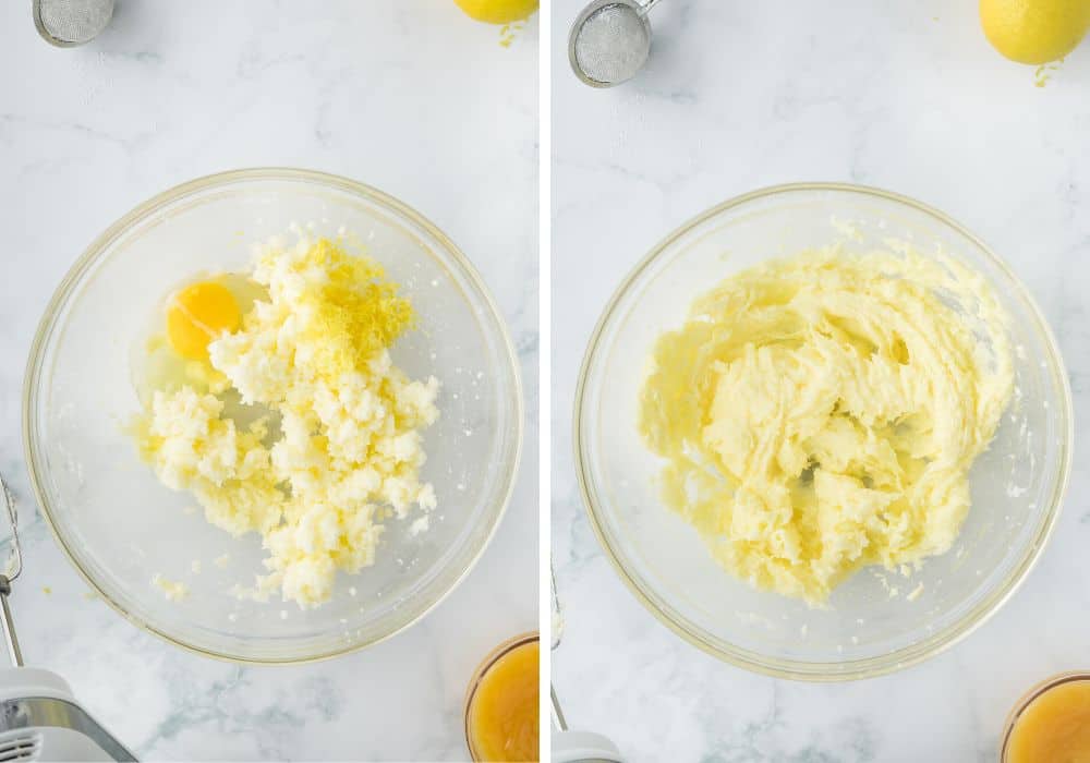 two photos; one shows egg and lemon zest added to butter/sugar mixture. The other shows those ingredients mixed together.