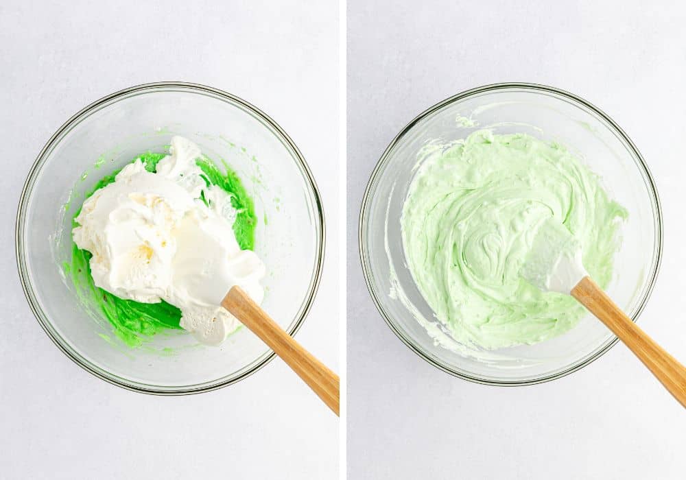 two photos; one shows whipped topping added to the pudding mix in a bowl, the other shows those ingredients folded together with a spatula