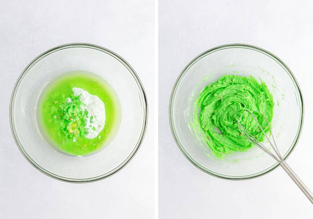 two photos; one shows pistachio pudding mix combined with pineapple juice in a glass mixing bowl;' the other shows those ingredients whisked together