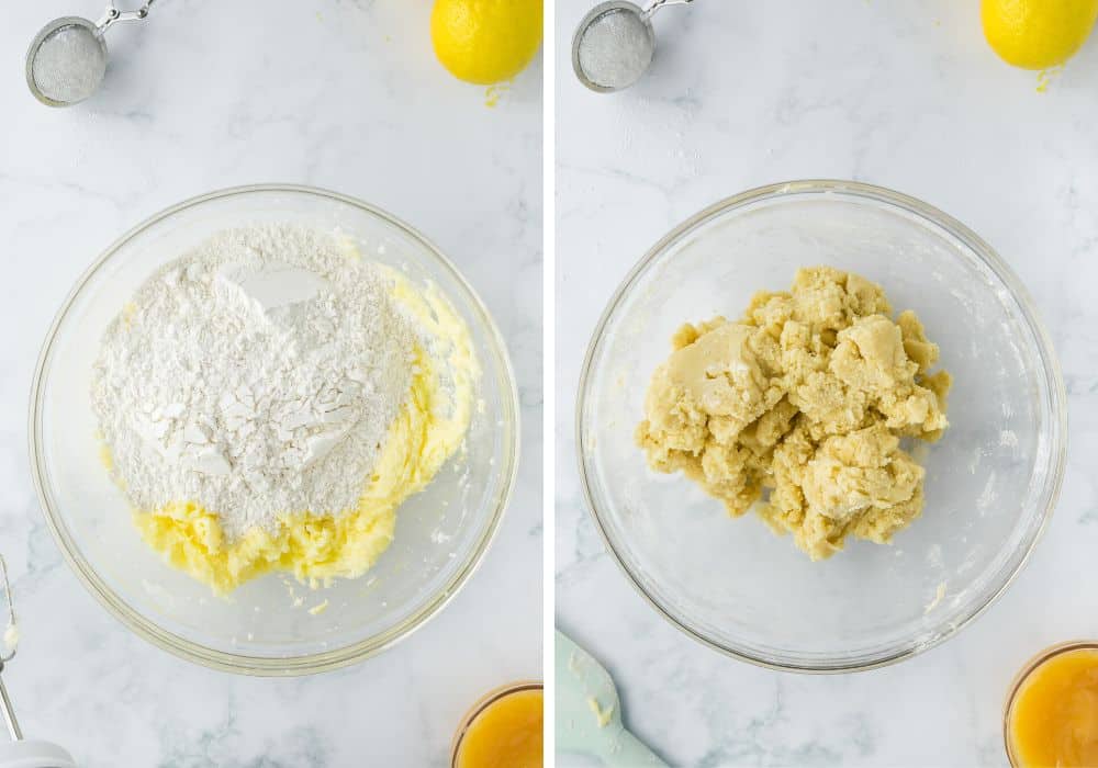 two photos; one shows flour added to wet ingredients in a mixing bowl; the other shows the ingredients mixed together to form lemon cookie dough