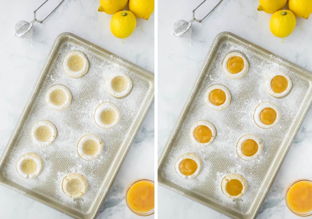 two photos; one shows freshly baked cookies that have cooled and are dusted with powdered sugar. The other shows those cookies with lemon curd added to the center thumbprint of the cookies.