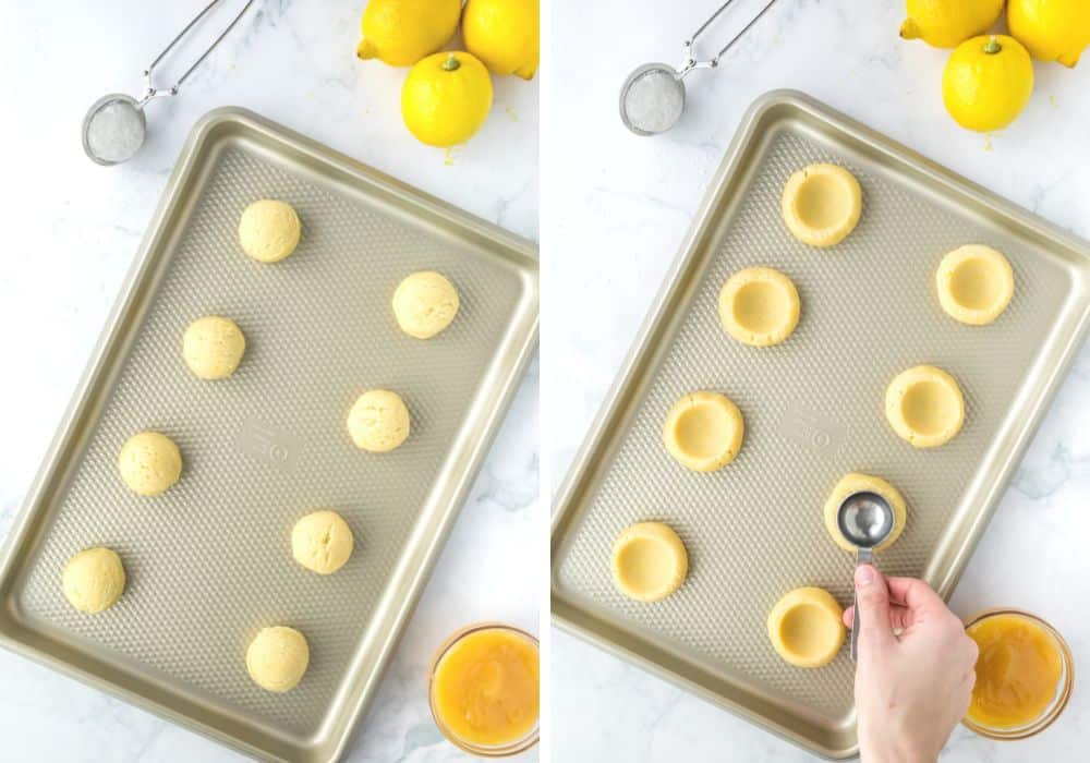 two photos; one shows cookie dough balls on a baking sheet; the other shows a woman's hand pressing the back of a tablespoon into the dough balls to create indentations for the lemon curd filling.