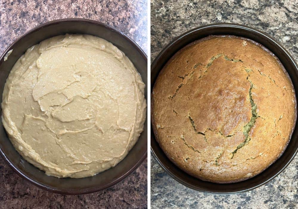 two photos; one shows cake batter spread into a prepared round cake pan; the other shows the cake freshly baked and out of the oven.