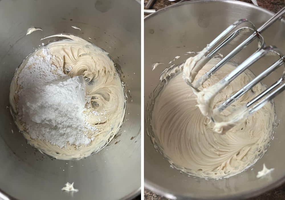 two photos; one shows powdered sugar added to the mascarpone mixture; the other shows those ingredients mixed together with an electric mixer