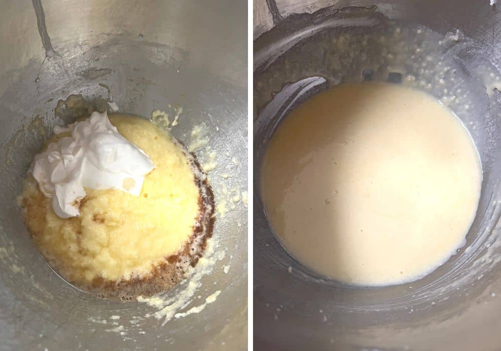 two photos; one shows sour cream, almond extract, and vanilla extract added to the mixing bowl. The other shows those ingredients mixed together.