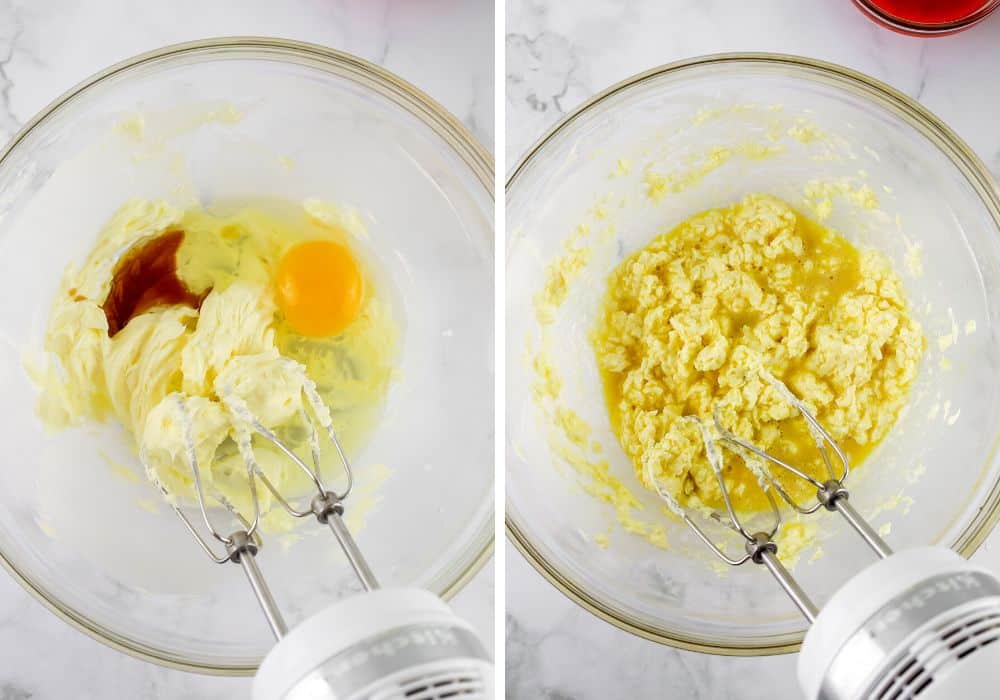 two photos; one shows vanilla and egg added to butter; the other shows those being mixed together with electric mixer