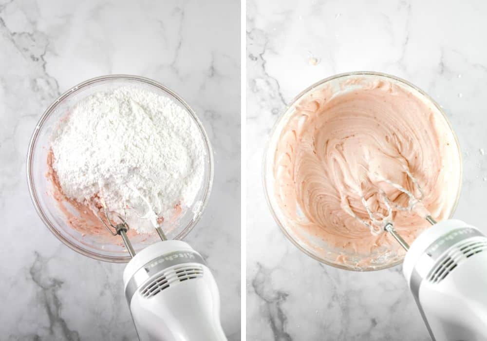 two photos; one shows powdered sugar added to cream cheese mixture; the other shows it beaten into filling