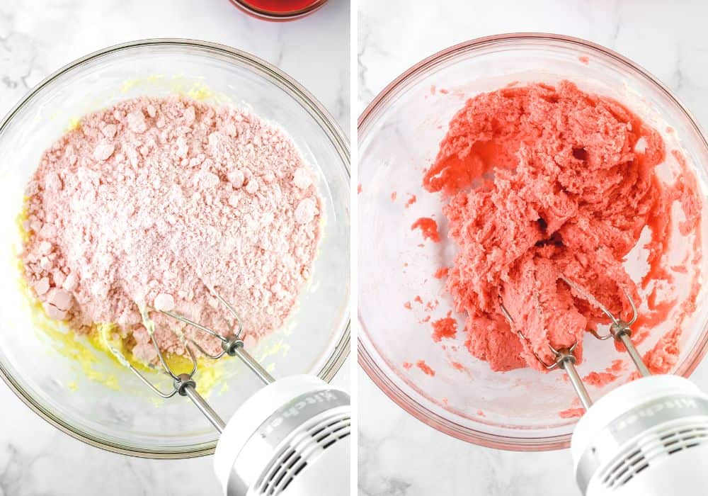 two photos; one shows dry strawberry cake mix added to butter/egg mixture, the other shows electric mixer combining them into a pink cookie dough