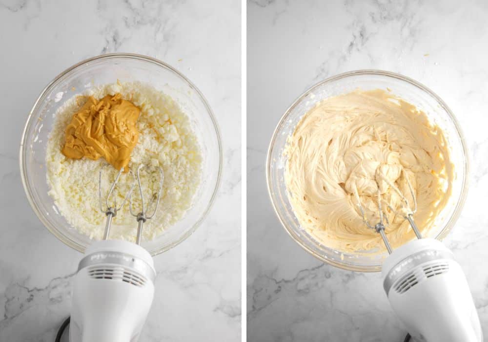 two photos; one shows melted butterscotch added to the butter/powdered sugar mixture; the other shows an electric mixer beating it all together to form frosting.