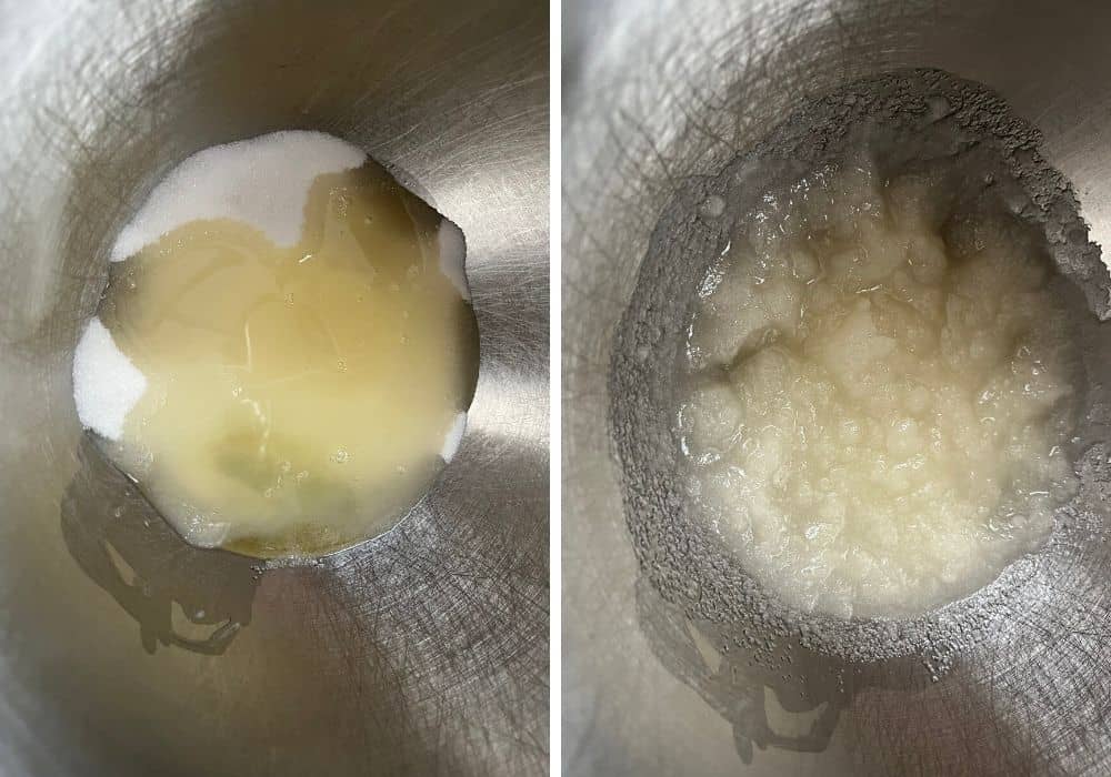 two photos; one shows vegetable oil added to granulated sugar in a bowl. The other shows those two ingredients mixed together.