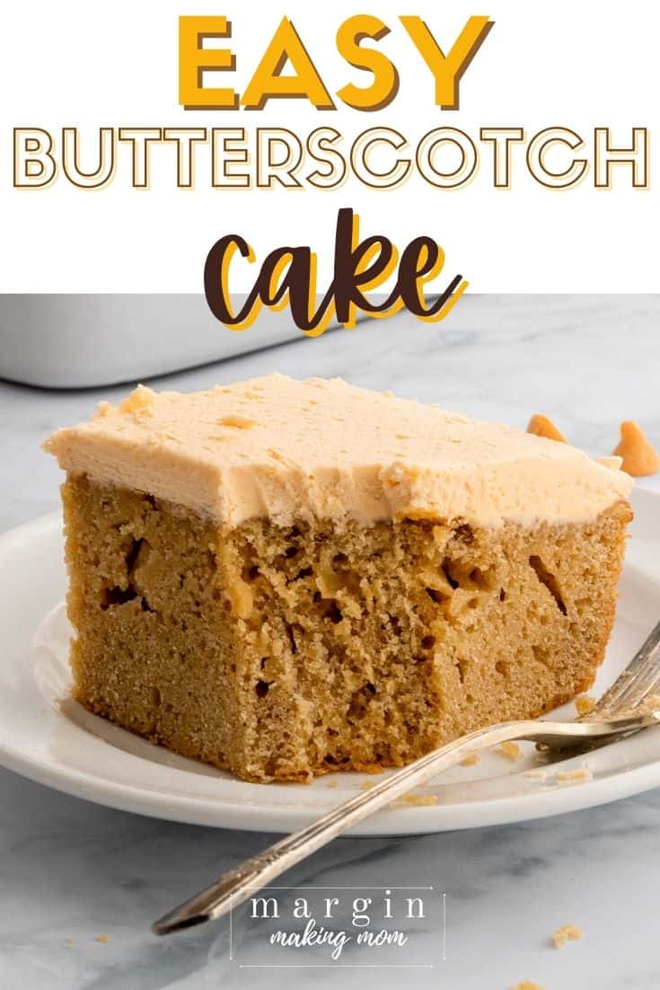 close-up view of a slice of butterscotch cake with a bite taken out of it.